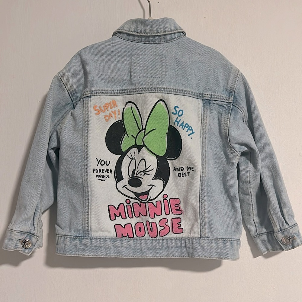 Zara Light Blue Denim Minnie Mouse Jean Jacket with Pink & Green Graphics